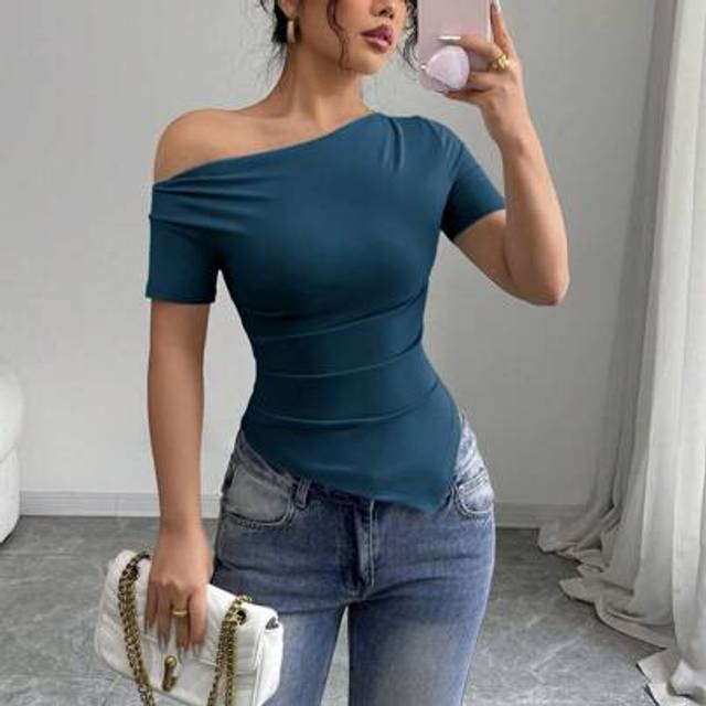 Gloray Women&#39;s Spring/Summer Oblique Shoulder Ruffle Asymmetrical Hem Knitted Stretchy Bodycon T-Shirt, Leisure Fashionable And Comfortable Stretchy Ladies T