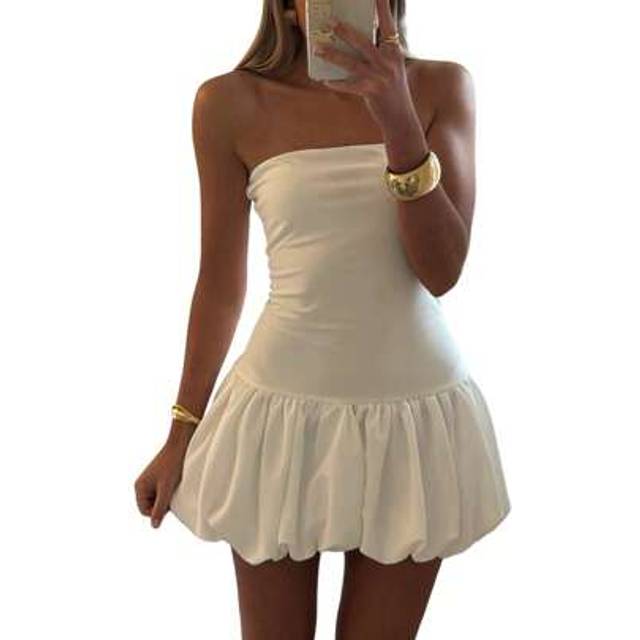 SHEIN Women Strapless Mini Dress Summer Solid Color Puff Bubble Party Dress For Cocktail Beach Streetwear