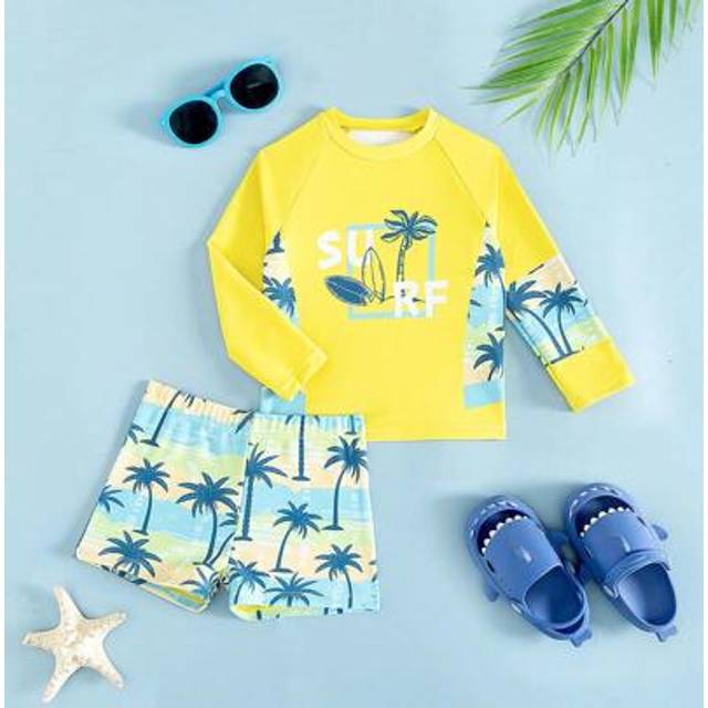 SHEIN Baby Boy Tropical Holiday Themed Printed 2pcs Set - Short Sleeve Top + Shorts, Suitable For Vacation & Pool Play