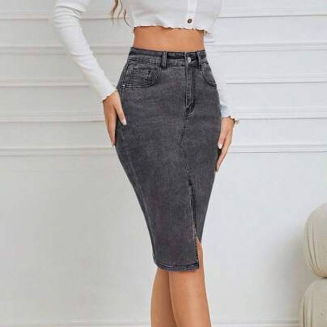 SHEIN Women&#39;s Casual Pocket With Slit Hem Pencil Denim Skirt