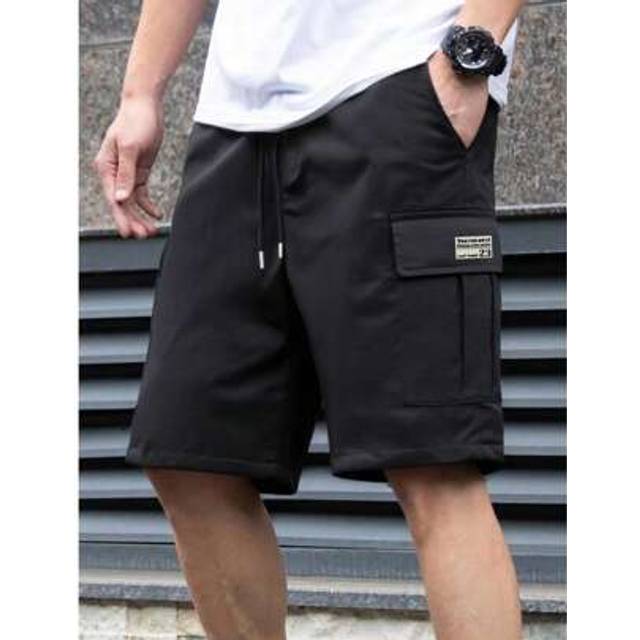 SHEIN Men&#39;s Outdoor Leisure Multi-Pocket Work Shorts, Lettering Screen Printed Patch Pockets, Summer Travel Shorts, Belt Drawstring Waistband, Suitable As A