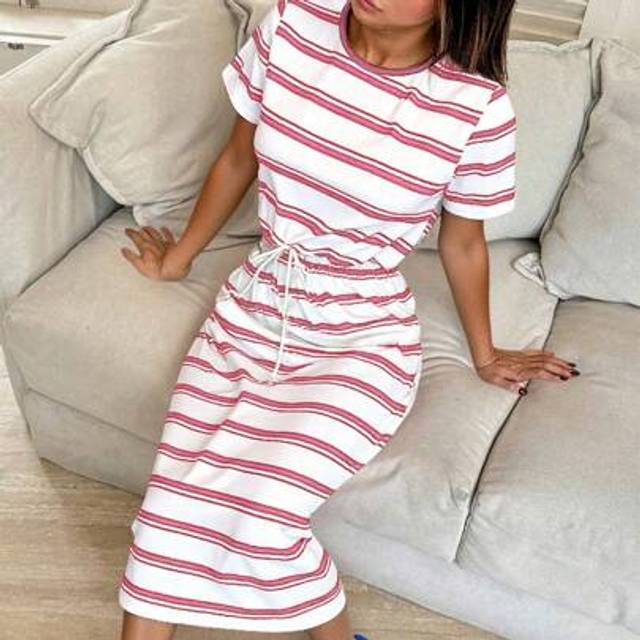 Calvaya Striped Tie-Up Casual Midi Dress For Women, Minimalist Style