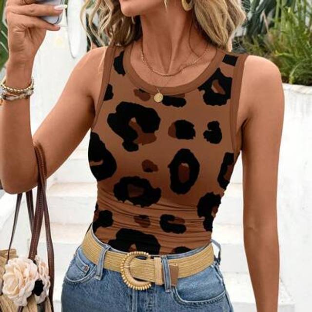 SHEIN Leopard Print Casual Round Neck Tight Fitted Vest Top, Suitable For Summer Ladies