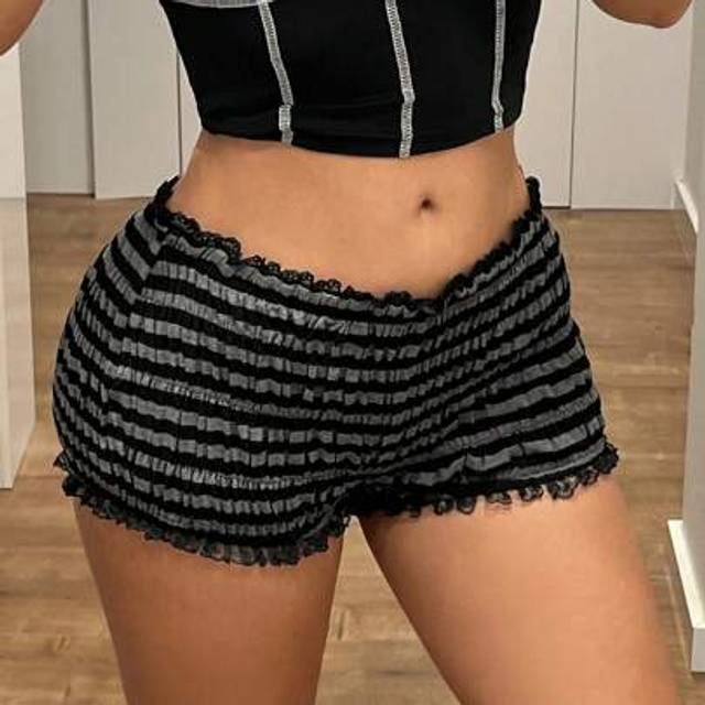 SHEIN Retro Lace Patchwork Striped Adjustable Waisted Shorts, American Style Sexy Casual Low-Rise Slimming Pants