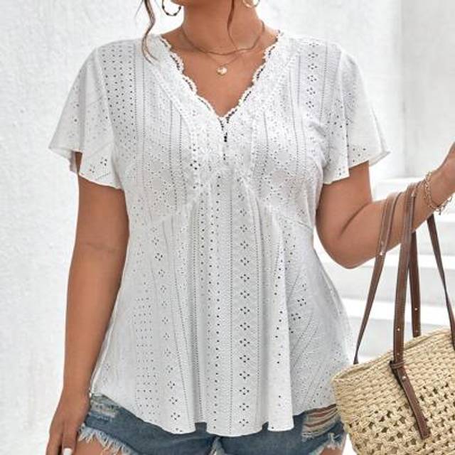 SHEIN Plus Eyelet Embroidery Butterfly Sleeve Tee