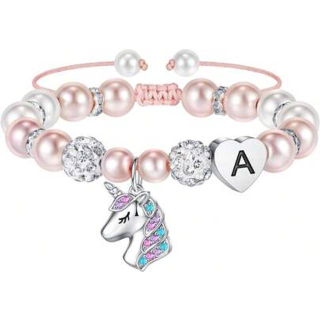 SHEIN Hidepoo Unicorn Bracelet Gifts For Girls - Pink Pearl And Rhinestone Balls Heart Initial Unicorn Bracelets Jewelry Unicorn Gifts CZ Unicorn Bracelet B