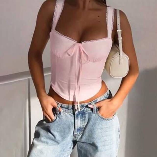 SHEIN WOWDARK Women Summer Lace Trimmed Spaghetti Strap Tank Top