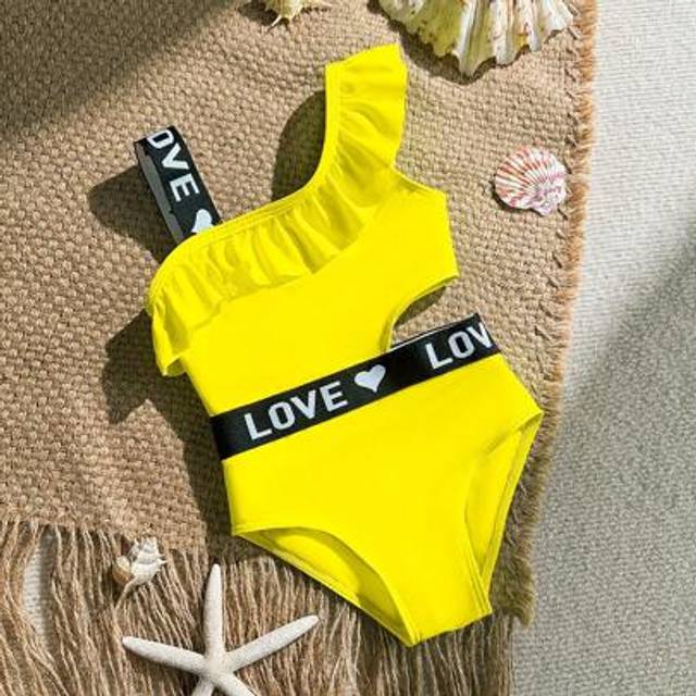 SHEIN 1pc Girls&#39; Cute Bright Green One-Piece Swimsuit With Oblique Ruffle Strap, Letter Belt
