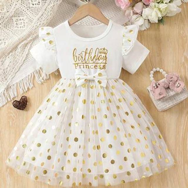 SHEIN Adorable Girls&#39; Pink Princess Birthday Dress - Short Sleeve, Round Neck With Glittery Polka Dot Mesh Overlay & &#34;Birthday Princess&#34; Embroidery, Stretch