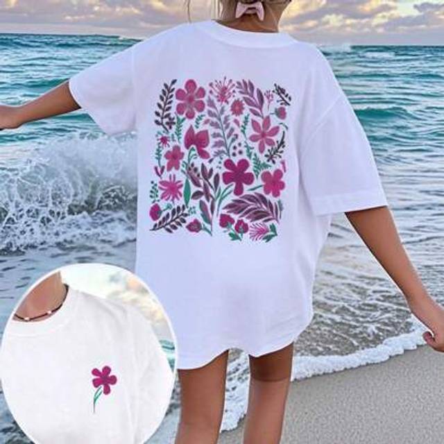 SHEIN 1pc Tween Girl Casual Floral Print Round Neck Short Sleeve T-Shirt, Summer Student Young Apparels - Purple Flower Design Offers Unique T-Shirt For Adv