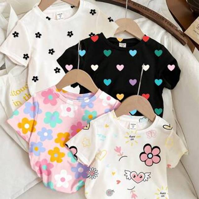 SHEIN 4pcs Baby Girl Casual Cute Floral, Heart & Dot Print Round Neck Short Sleeve T-Shirts, Top Suitable For Spring & Summer