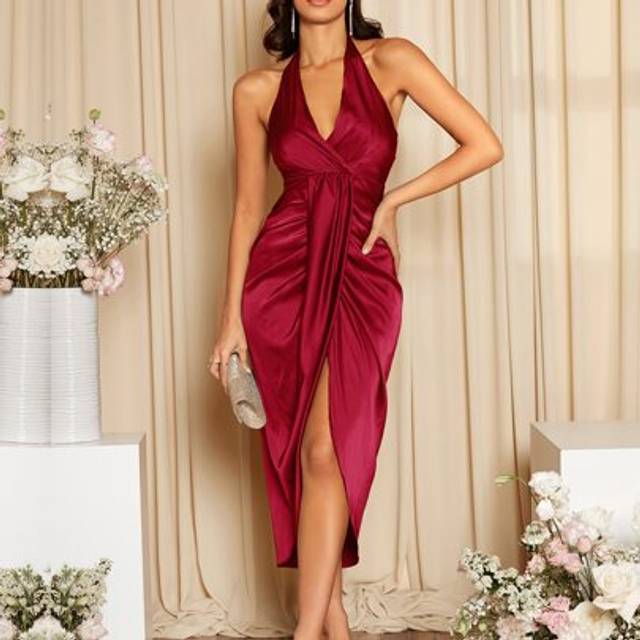 SHEIN Burgundy Red Solid Draped Backless Halterneck Satin Bridesmaid Dress, Wedding Guest Dress Party Dress Prom Dress