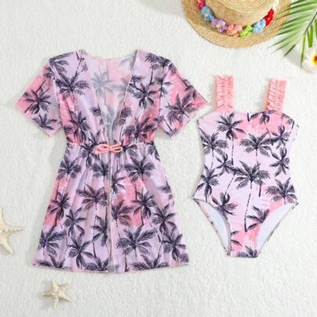 SHEIN 1set Young Girl Tropical Coconut Tree Print Monokini Swimsuit + Cover Up