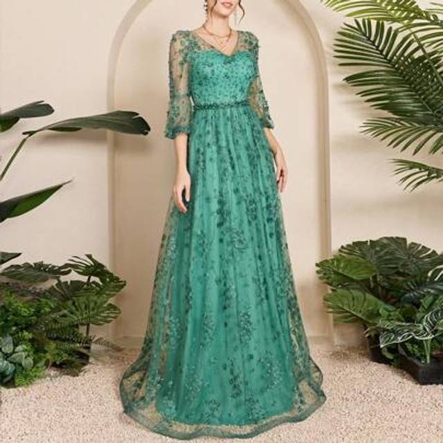 SHEIN Anpoket V-Neck Embroidered Lace Beaded Long Sleeve High-End Evening Dress, Formal, Party Dress, Gown, For Wedding Guest