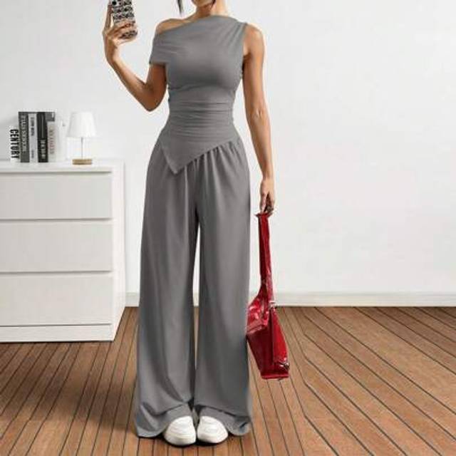 SHEIN 2pcs Women Solid Color Asymmetric Hem Knit Top And Pants Set,Business Casual Woman,Summer Sets