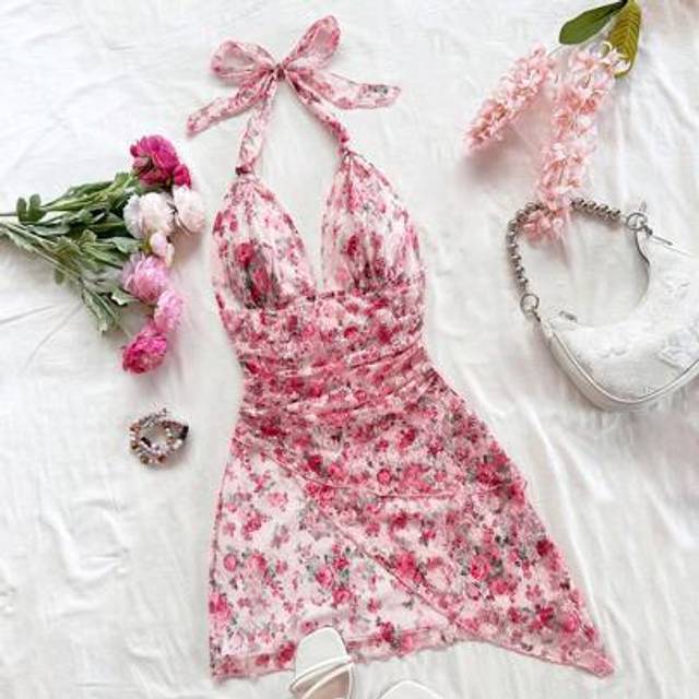 Soleia Sexy Vintage Ombre Halter Neck Tie-Up Mesh Ruched Asymmetric Hem Romantic Holiday Floral Print Mini Dress For Women