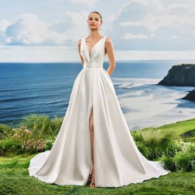 SHEIN Women Solid Color Summer Deep V-Neck Split Thigh White Formal Evening Gown,Wedding Dress For Bridal, Bride