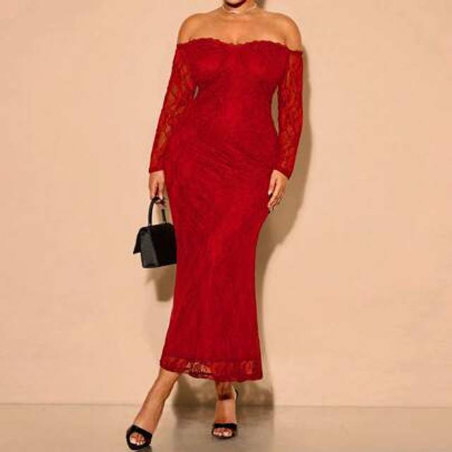 SHEIN Plus Size Women Sexy Elegant Open Shoulder Lace Patchwork Dress, Spring/Summer Long Black Formal Dress Elegant Plus Size Dress Black Lace Dress Christ