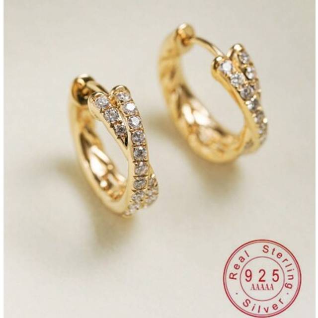 SHEIN 1 Pair S925 Sterling Silver 18K Gold Plated Intricate Criss-Cross Double-Row Rhinestone Solid Hoop Earrings For Girl