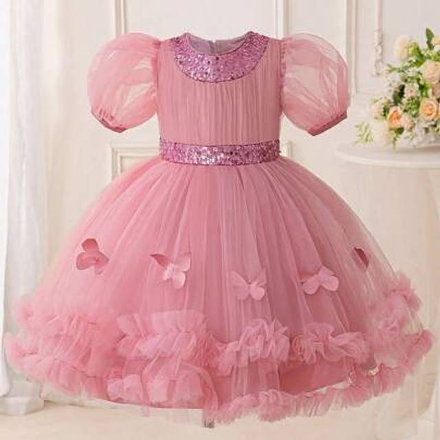 SHEIN Young Girls Short Sleeve Sequin Flower & Mesh Elegant Birthday Party Dress, Suitable For School Performance & Flower Girl, Excluding Hair Accessories