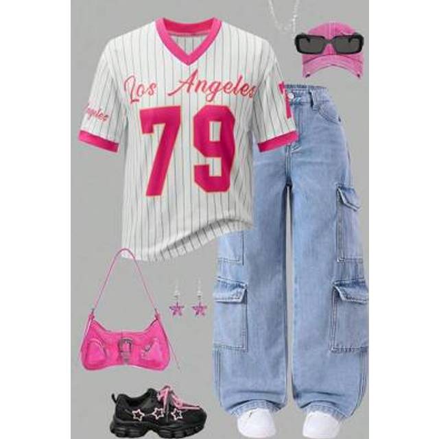 SHEIN Teen Girls Number & Stripe Print Short Sleeve Casual Street Style Volleyball Tee
