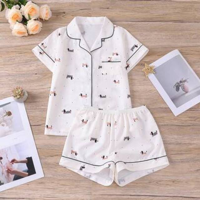 SHEIN 2pcs Summer Puppy Print Women Loungewear Set - Lightweight Ruffle Short Sleeve Shirt And Loose Shorts, Casual Sleepwear & Homewear Set For All Seasons