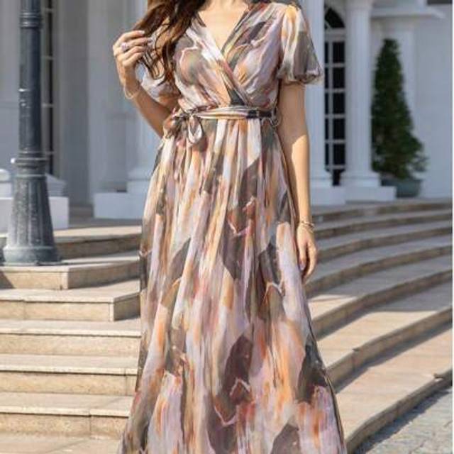 SHEIN V-Neck Ruffle Short Puff Sleeve All-Over Print Holiday Dress For Women