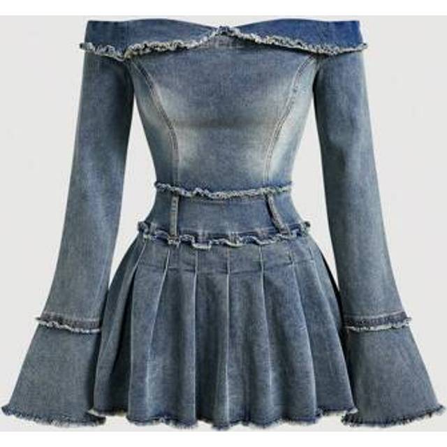 SHEIN Women&#39;s Vintage Washed Off Shoulder Fringed Bell Sleeve Pleated Denim Dress
