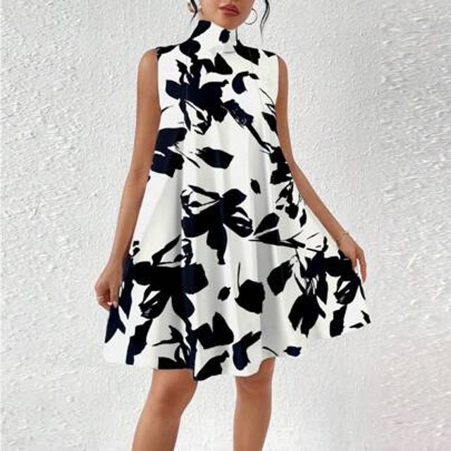 RosyDaze Ladies Floral Print Stand Collar Sleeveless Elegant Vacation Dress