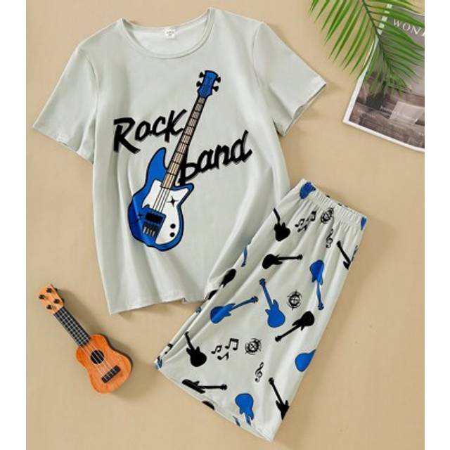 SHEIN 2pcs Teenage Boys Casual Outfit Grey Guitar Letter Printed Short Sleeve T-Shirt And Shorts Loungewear Set