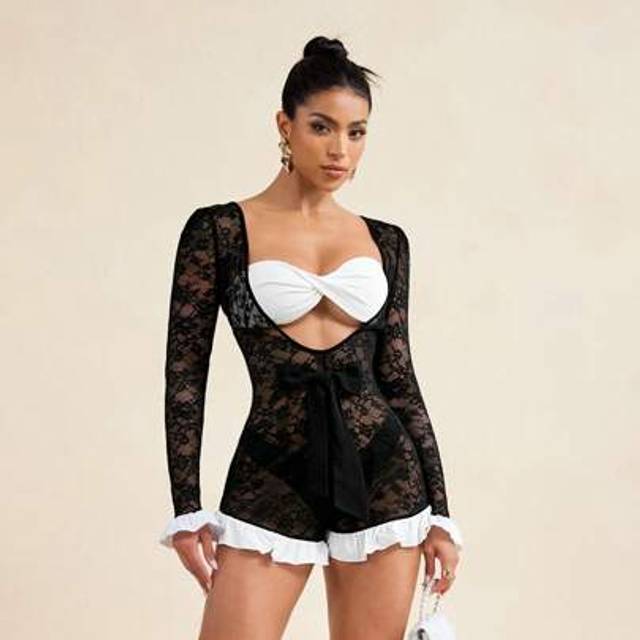 SHEIN Black See-Through Lace Long Sleeve White Tube Mini Ruffle Sexy Jumpsuit Women&#39;s Summer Jumpsuit Y2k Tops Women