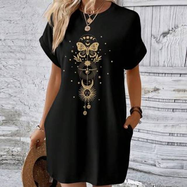 INAWLY Butterfly Print Batwing Sleeve Tee Dress