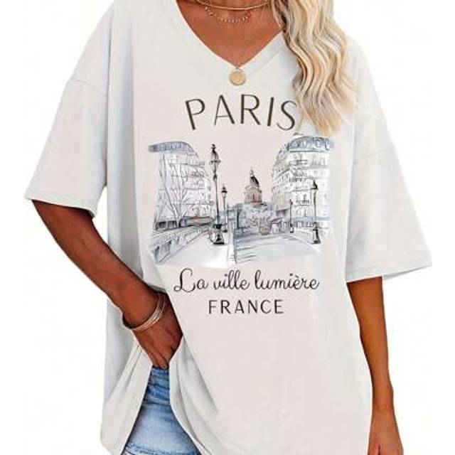 SHEIN Women&#39;s Short Sleeve Paris Print Casual T-Shirt, Summer And Spring Top PARIS Graphic V-Neck Women&#39;s Top