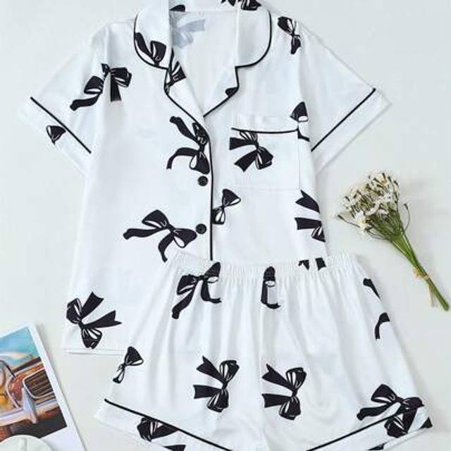 SHEIN 2 Pieces Milk Silk Women Short Sleeve Button Collar Top & Shorts Pajama Set, Casual Loose Butterfly Print Simple Basic Home/Loungewear For Spring/Summ