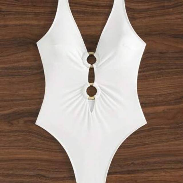 Swim Vcay Women&#39;s Springbreak Backless Halter One Piece Swimsuit With Circular Metal Decoration, Deep V-Neck Tie Waist Festival Boho Beach Wear