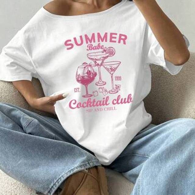 Flirla Plus Size Women&#39;s Asymmetrical Neck T-Shirt, Summer Cocktail Pink Print Tee