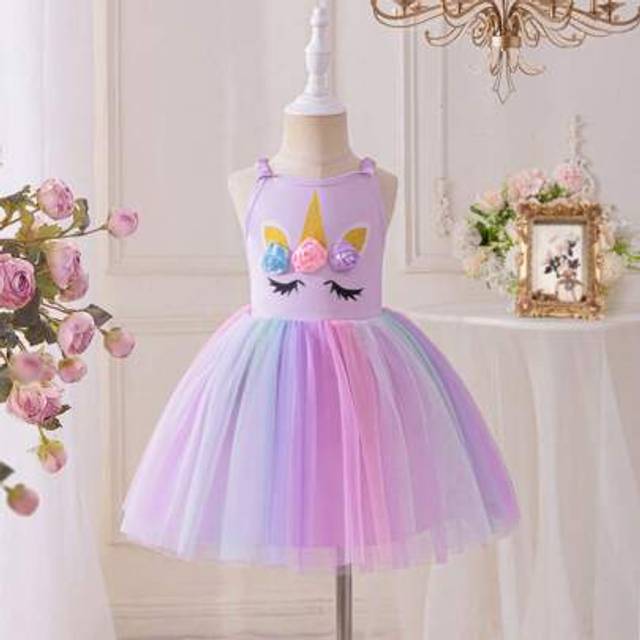 SHEIN Baby Girl 0-3 Years Whimsical Cute Unicorn Multicolor Dopamine Rainbow Tulle Dress