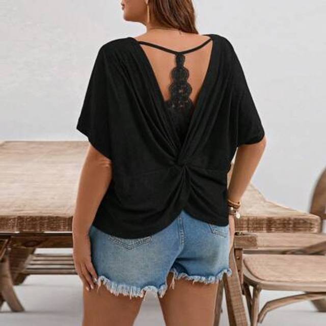 SHEIN Plus Size Leisure Lace Patchwork Back Twist Hollow T-Shirt