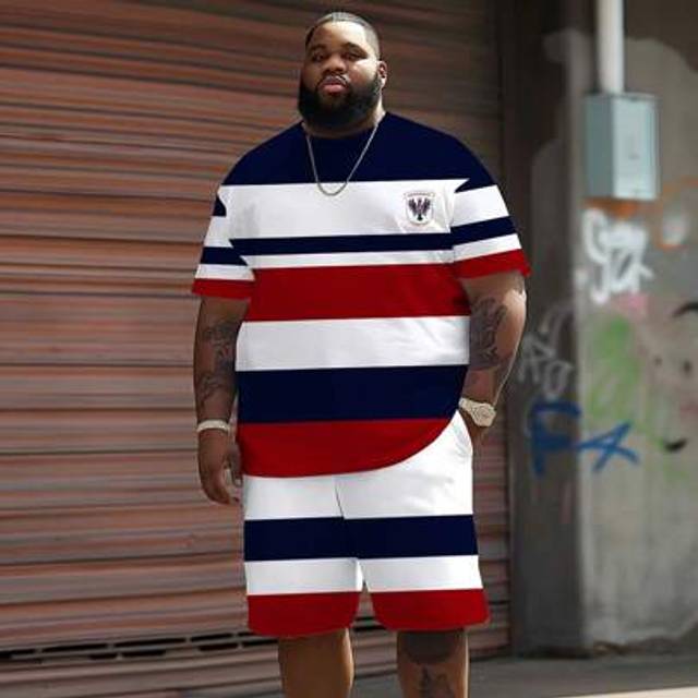 SHEIN Fashion Plaid Colorblock Design Elegant Graphic Print | Plus Size Men&#39;s Short Sleeve Set | 3D Stereoscopic Print Crew Neck Top | Stretchy Breathable P