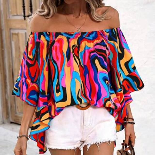 Breezaya Women&#39;s Holiday Full Print Off-Shoulder Ruffled Sleeve Casual Blouse