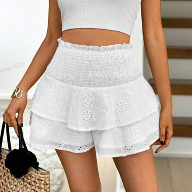 Luneh High Waisted Shorts Ruffle Shorts White Layered Frill Hem Embroidered Fabric Women&#39;s Shorts With Skirt Style, Suitable For Summer Vacation, Music Fest