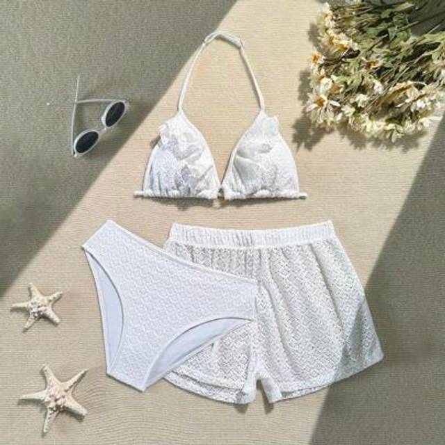 SHEIN Teen Girl Simple Neck-Hanging Solid Color Bikini Set, Swimwear Top And Bottom