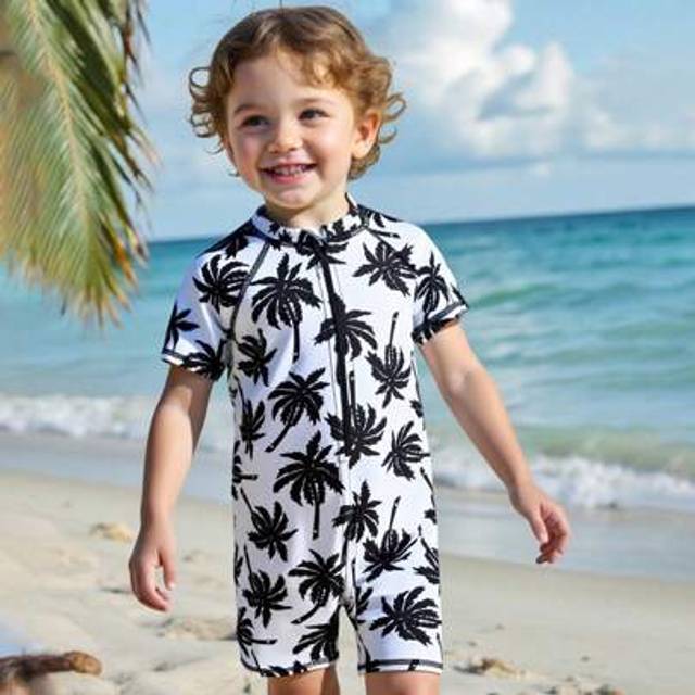 SHEIN Boys (Toddler) One-Piece Swimsuit With Zipper, Short Sleeve