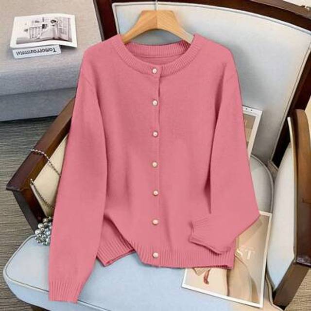 SHEIN Women Plus Size Round Neck Single Breasted Casual Elegant Long Sleeve Cardigan