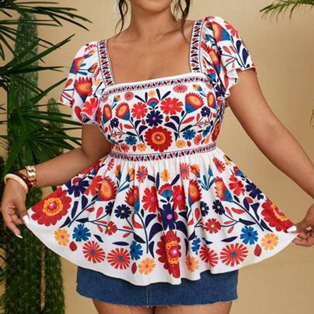 SHEIN Plus Size Women&#39;s Square Neck Floral Print Butterfly Sleeve Ruffle Hem A-Line Tie Back Bow Elegant Casual Vintage Blouse