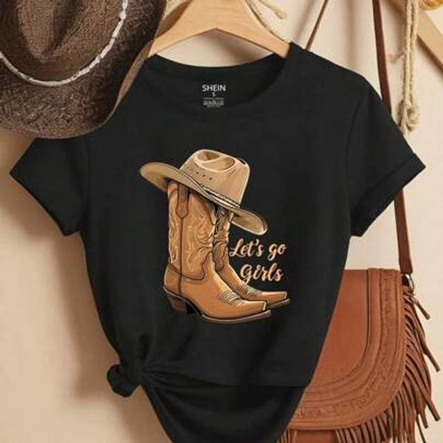 SHEIN Women&#39;s Short Sleeve Cowboy Boots And Hat Monogram Print T-Shirt Casual Short Sleeve Crew Neck Top Let&#39;s Go Girls Graphic Tees Women Tops