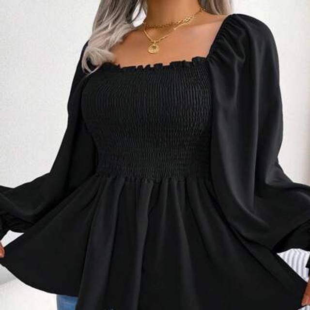 SHEIN Spring/Summer Europe And America Style Casual Asymmetric Ruffle Square Neck Long Sleeve Chiffon Blouse,Long Sleeve Tops
