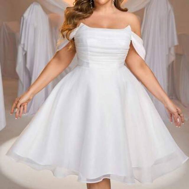 Glamrae Plus Size Elegant Romantic White Off Shoulder Draped Organza A-Line Wedding Guest/Party Dress, Little White Dress, Bride