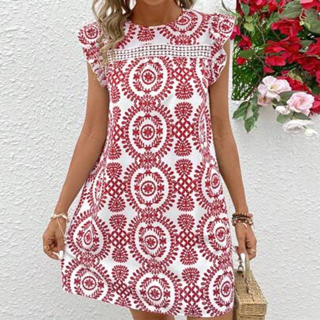 SHEIN Women&#39;s Casual Round Neck Short Cap Sleeve Floral Lace Patchwork A-Line Dress, Suitable For Summer Holiday,Bohemian Clothes