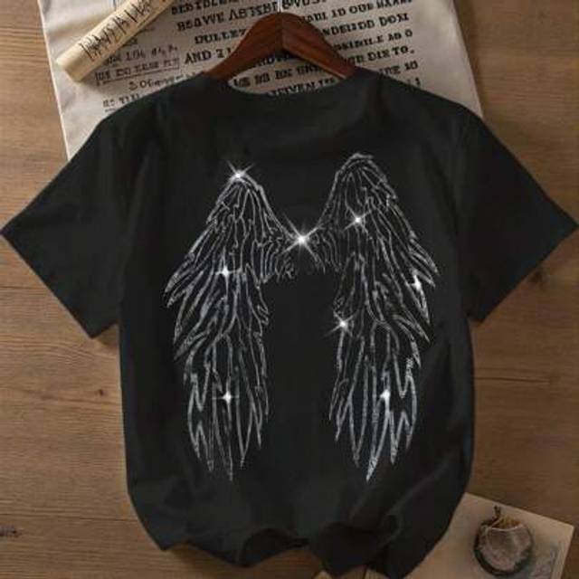 SHEIN Blingbling Angel Wings&Hot Drill Rhinestone Graphic Women&#39;s Round Neck Short Sleeve Regular Fit/Length T-Shirt For Spring/Summer,Casual/Simple/Elegant